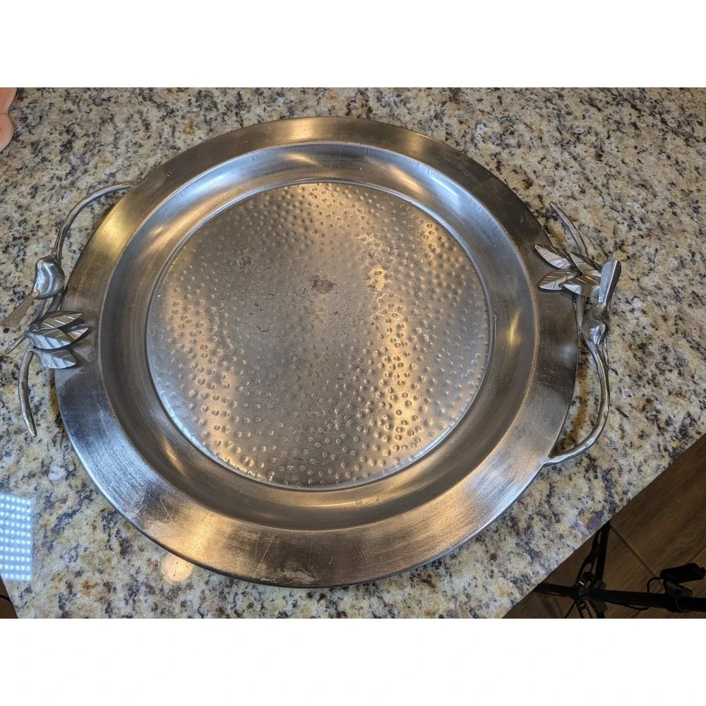 Pottery Barn hammered silver metal serving tray with bird On Branch Handle